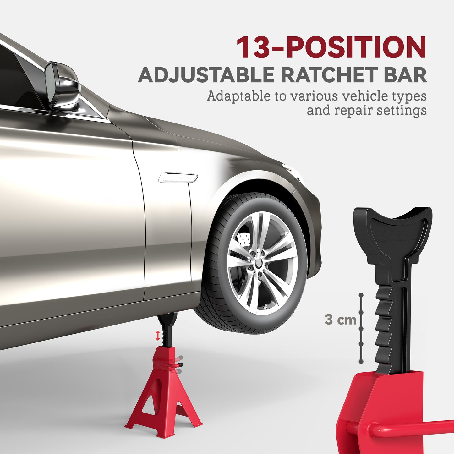 HOMCOM Axle Stands 3 Ton, Pack of 2, 38.5-60 cm Adjustable Heavy Duty Car Lift Tool for Vehicles, Caravans, Workshops, Red