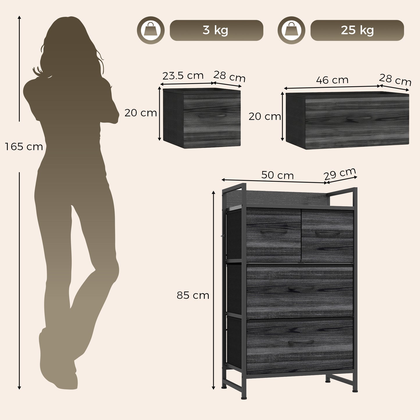 HOMCOM Rustic Chest of Four Fabric Drawers - Black Wood Effect