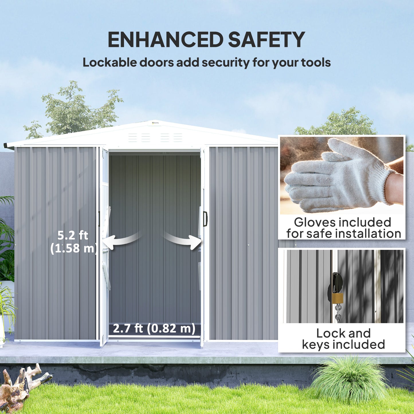 Outsunny Metal Garden Shed, 8 x 4 ft Storage Shed with Window, Vents, Lockable Door, Waterproof Steel Tool Storage, Light Grey
