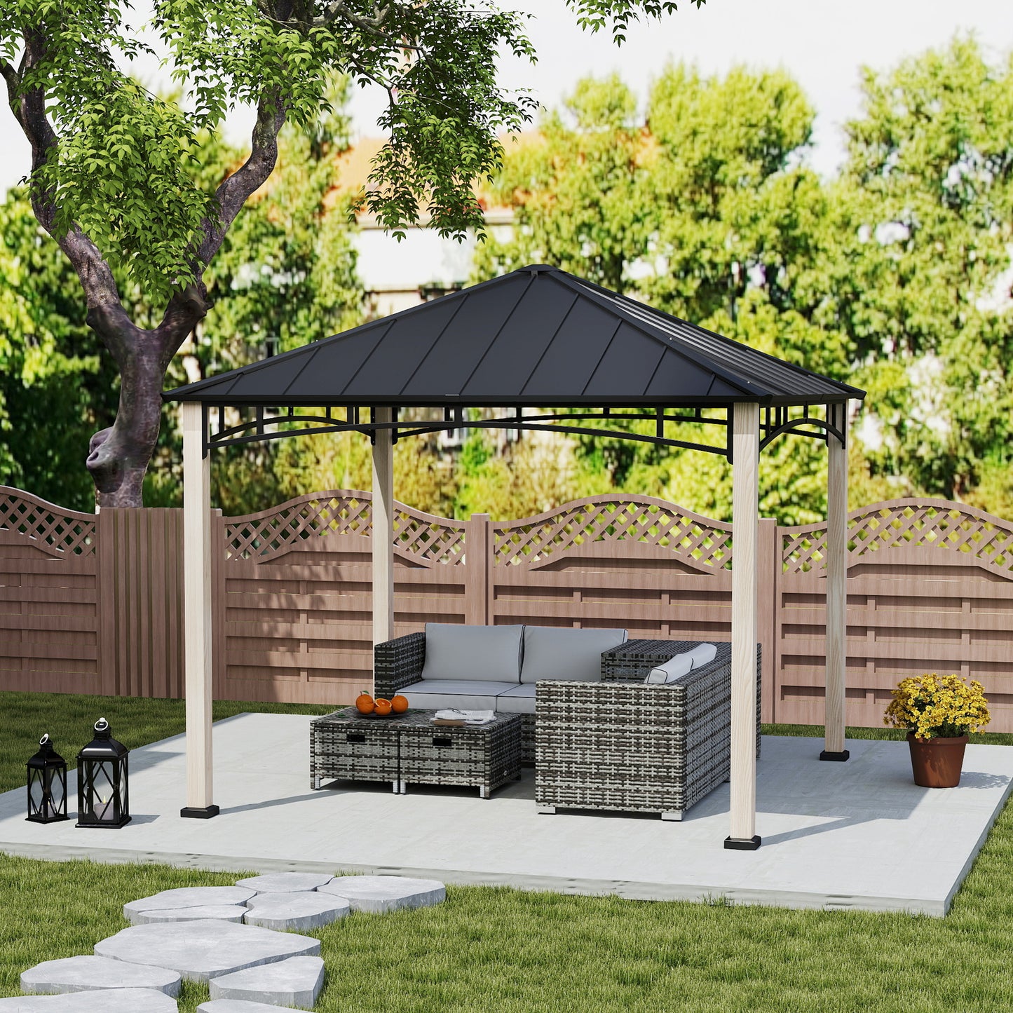 Outsunny 3x3m Hardtop Gazebo: Metal Roof, Wood Grain Columns, Top Hook for Patio/Deck Garden Use