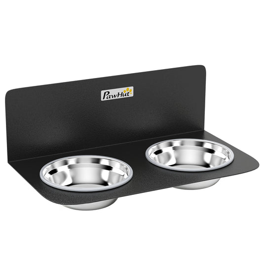 PawHut Wall Mount Dog Bowls, Adjustable Height Raised Dog Feeding Station with 2 Stainless Steel Bowls, 10kg Capacity, Black