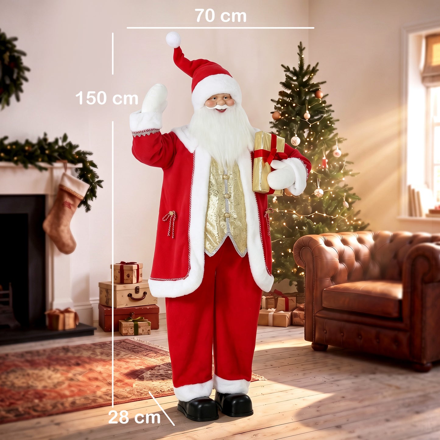 HOMCOM 5ft Life Size Singing Santa Claus, Standing Christmas Animated Santa Figure with Bell and Wreath, Sound/Touch Activated