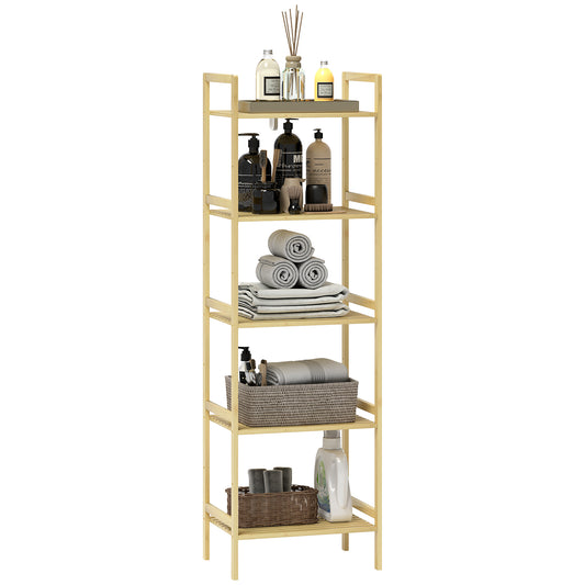 HOMCOM 5-Tier Bamboo Bathroom Storage Shelf, Freestanding Shelving Unit with Adjustable Rack for Kitchen Bathroom Living Room, Natural Wood Finish