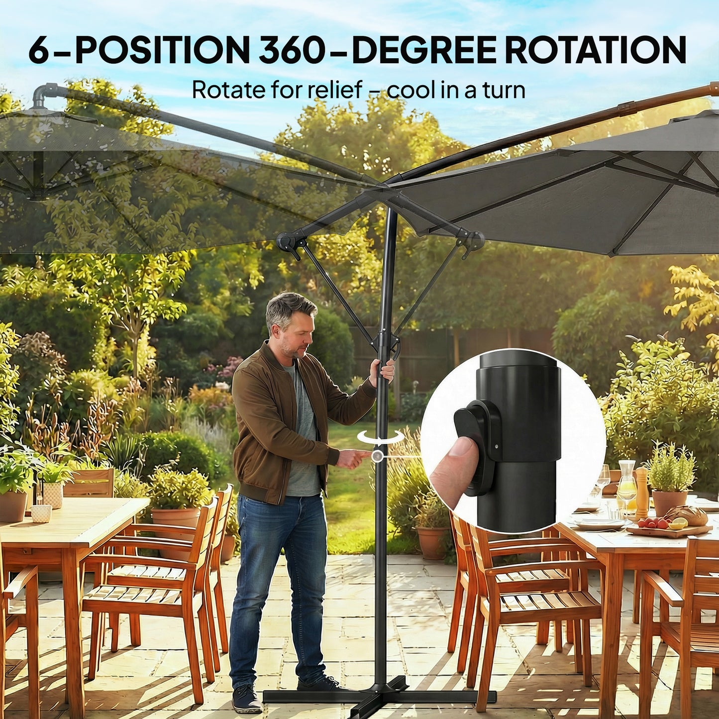 Outsunny 3 m Garden Cantilever Parasol with Cover, Round Overhanging Umbrella with 360° Rotation, Tilt, Grey