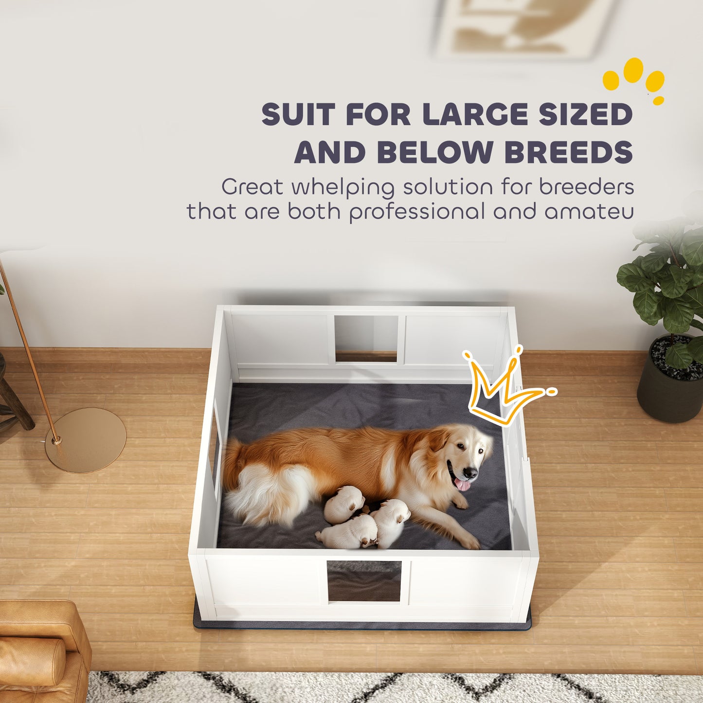 PawHut Whelping Box for Dogs with Whelping Pad, Adjustable Entrance, Non-slip Foot Pads, for Large Dogs, 124 x 120cm