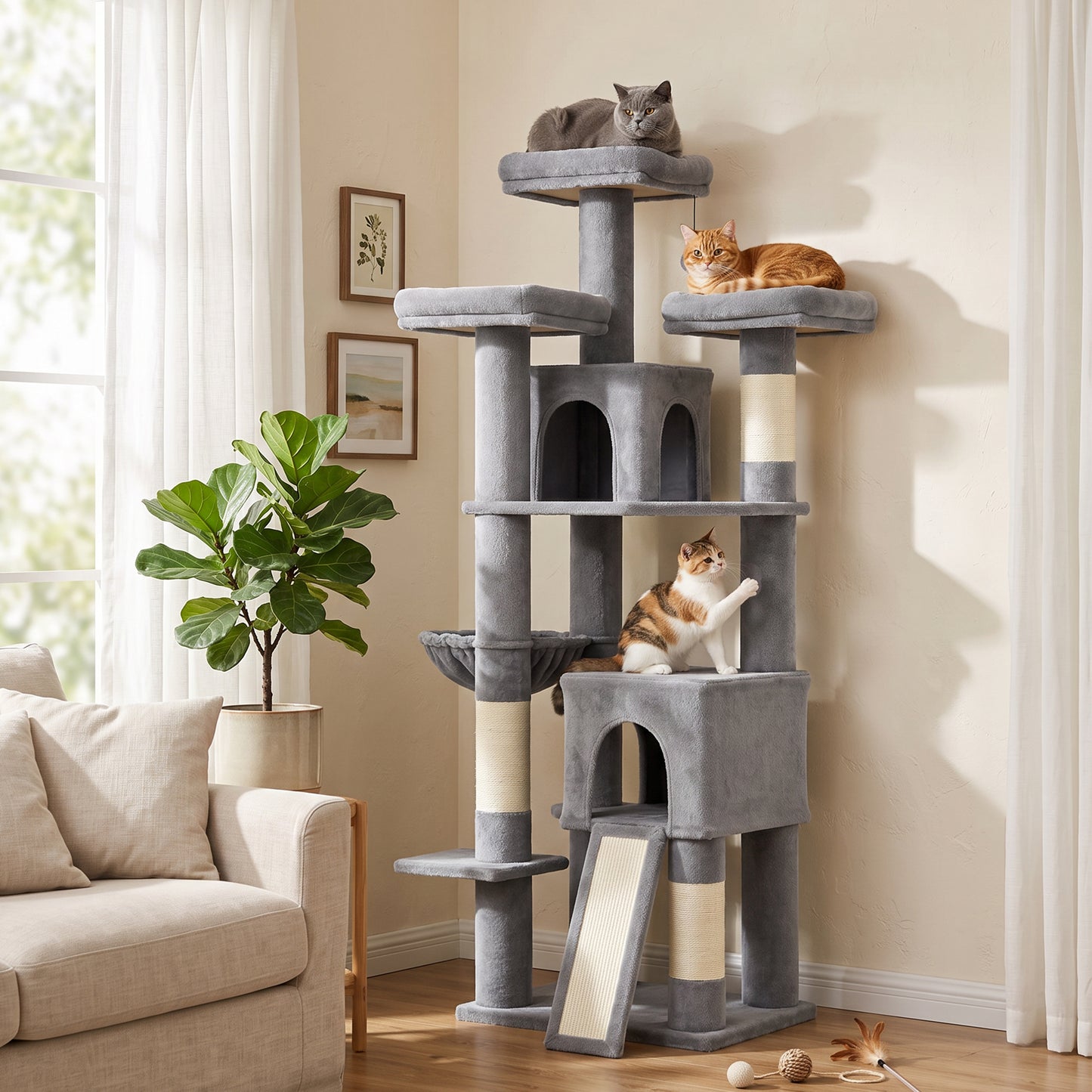 PawHut 184cm Large Cat Tree for Indoor Cats, Multi-Level Tall Kitty Tower with 3 Scratching Posts, 2 Condos, 3 Padded Beds
