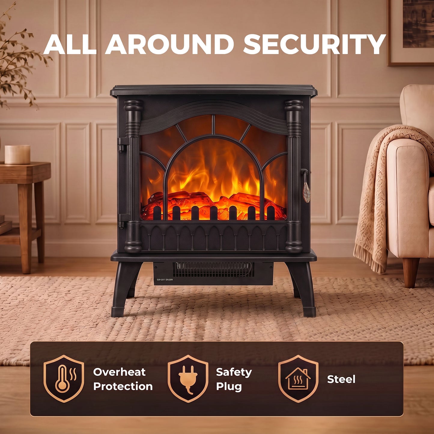 HOMCOM 3-Sided Glass Electric Fire Fan Heater, Electric Fireplace Stove Freestanding Log Burner with Flame Effect, Black