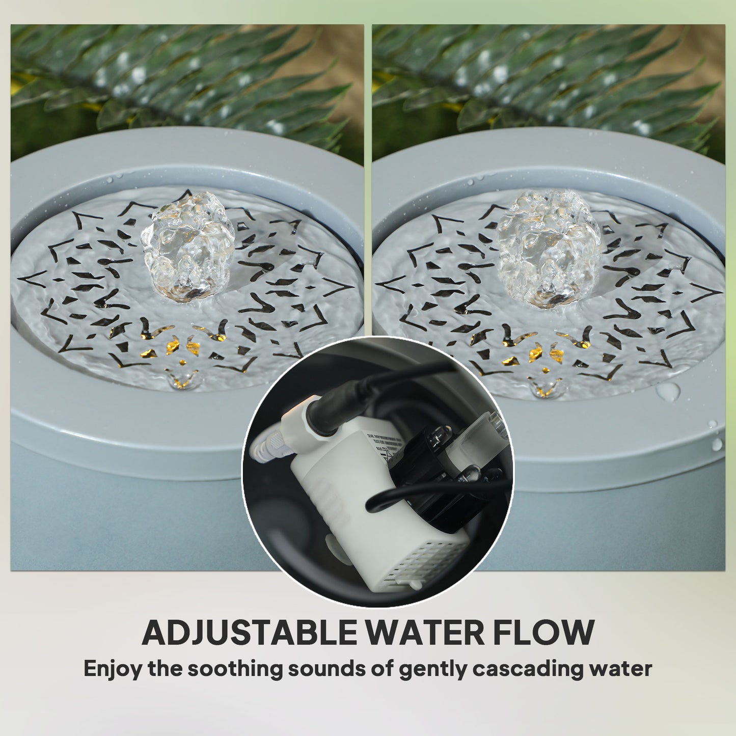 Outsunny Garden Waterfall Fountain with LED Lights and Pump, Adjustable Flow, Cut-out Design for Indoor/Outdoor Decor, Light Grey, 30 cm Tall