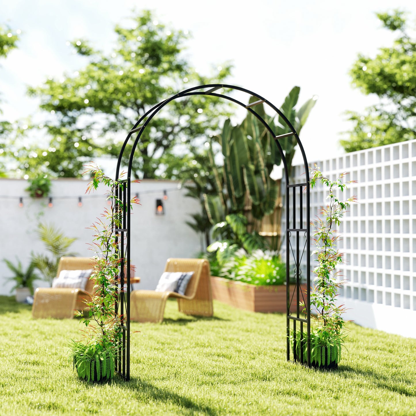 Outsunny Steel Garden Arch, Metal Trellis for Climbing Plants & Outdoor Wedding Decoration, 2.2m x 1.5m, Black