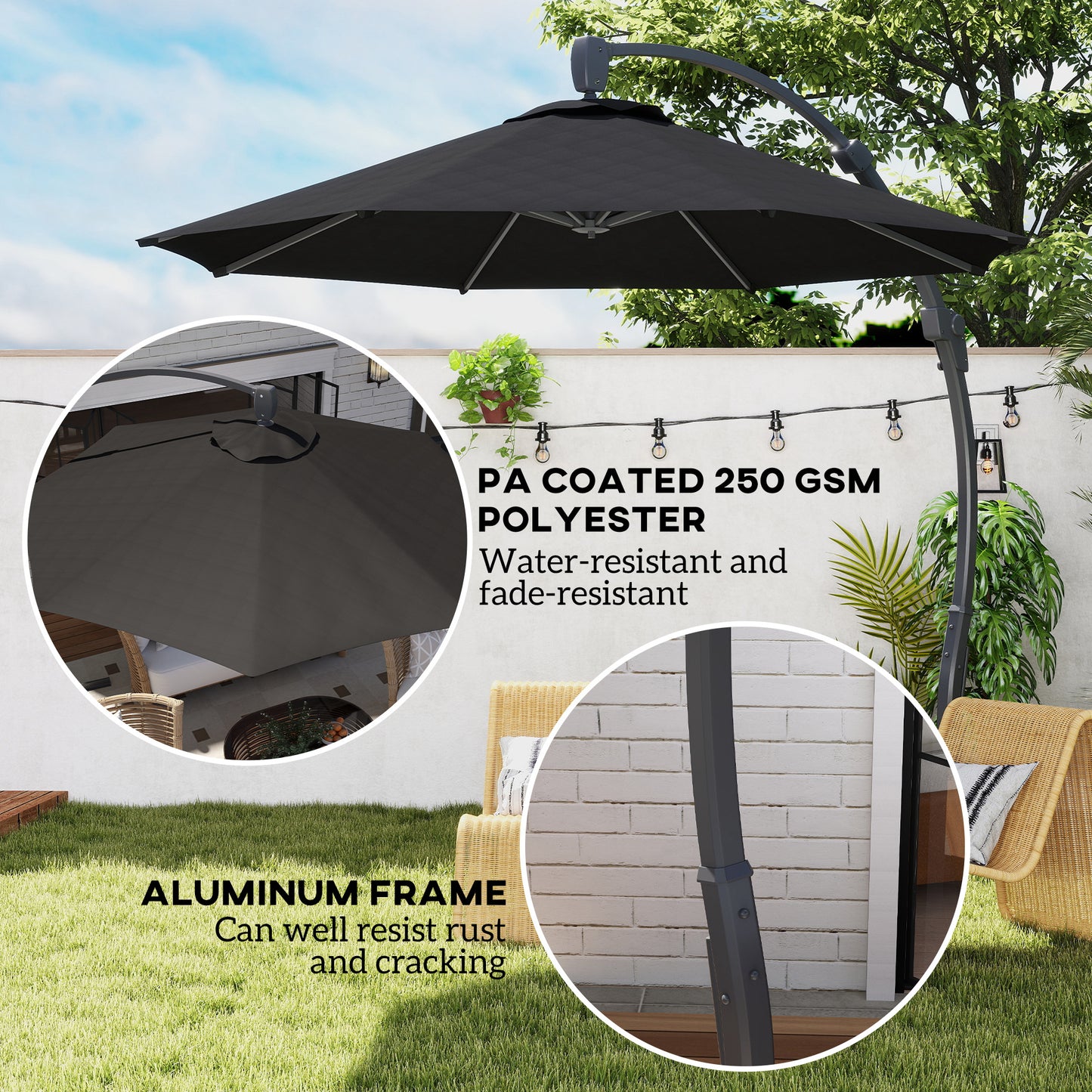 Outsunny 3m Garden Cantilever Parasol, Round Umbrella with Crank, Cross Base, Aluminum Frame, 360° Rotation, Patio Sun Shade, Black