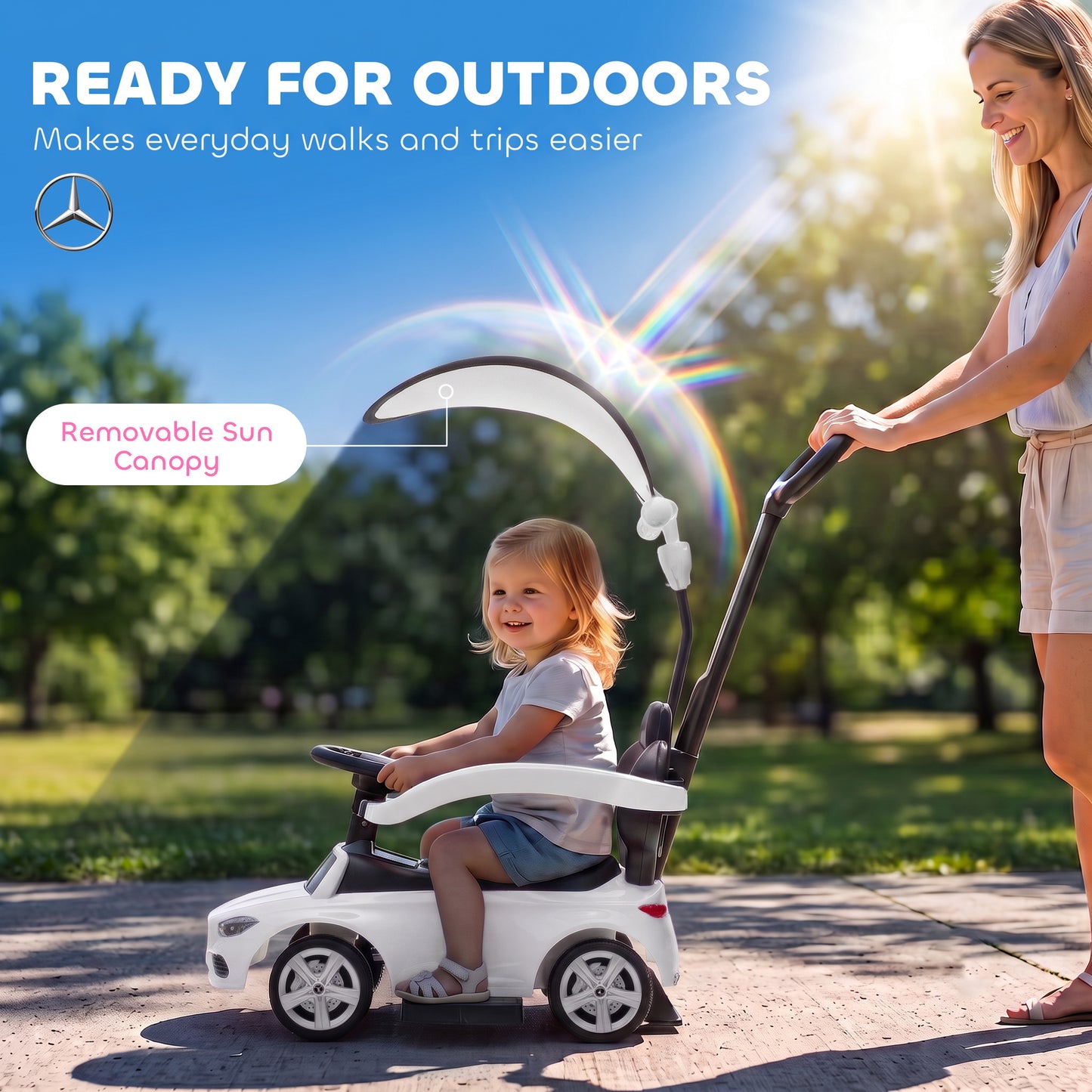 AIYAPLAY 4 in 1 Licensed Benz Ride on Push Car with Handle, Canopy, Guardrails, Horn, Music, Storage for 12-36 Months, White