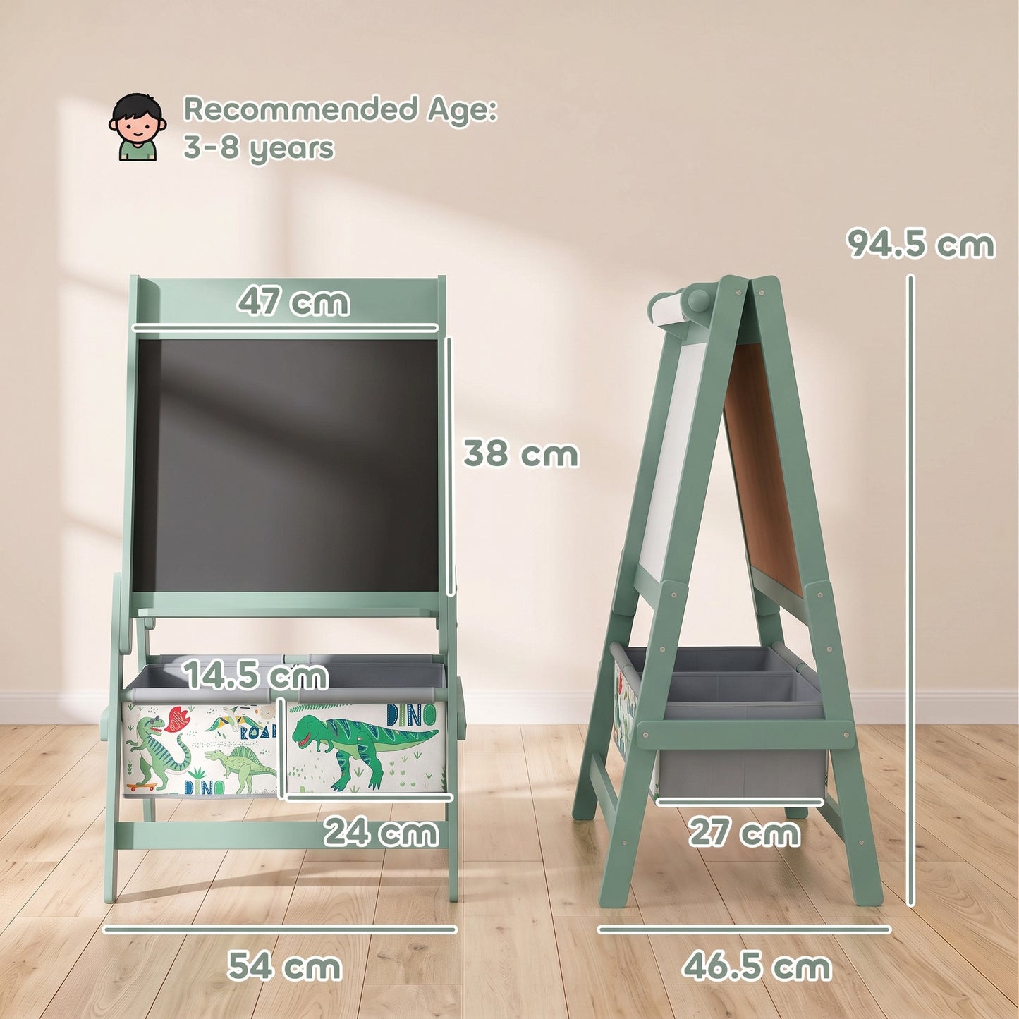 AIYAPLAY Art Easel for Kids, 3-in-1 Kids Easel with Chalkboard, Whiteboard, Paper Roll, Storage, Under-Board Shelf for 3-8, Green