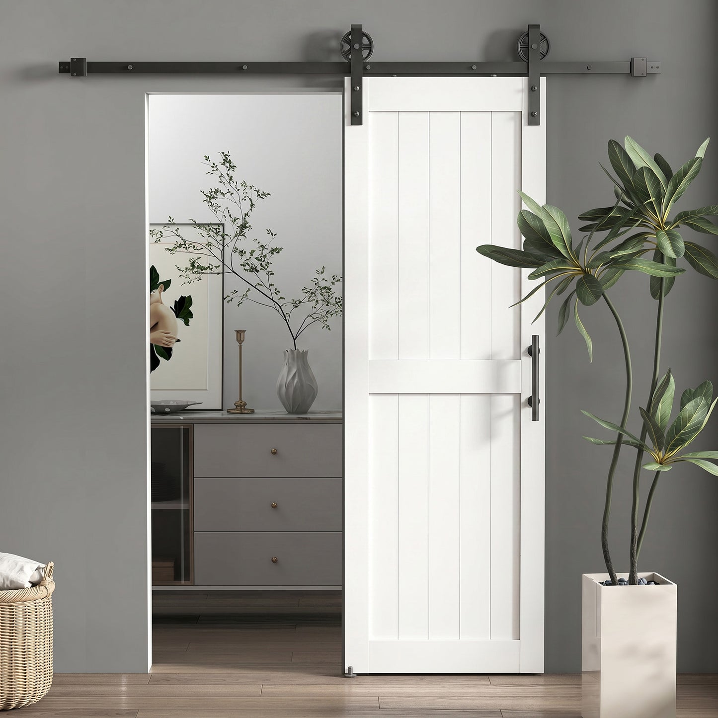 HOMCOM 152.4cm Sliding Barn Door Kit, Sliding Door with Track, Hardware, Upgraded Rollers and Floor Guide, Handle, White