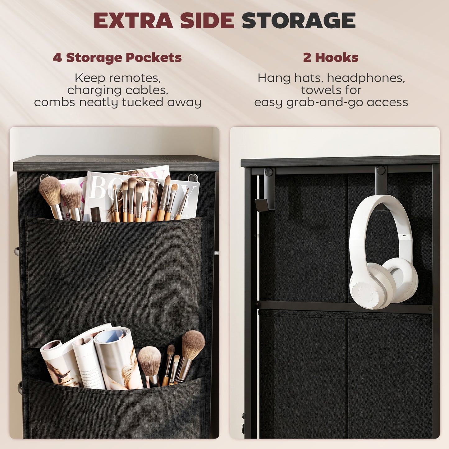 HOMCOM Chest of Drawers, Dresser with 4 Fabric Drawers, Tall Storage Unit with 4 Pockets and 2 Hooks, Steel Frame, Black