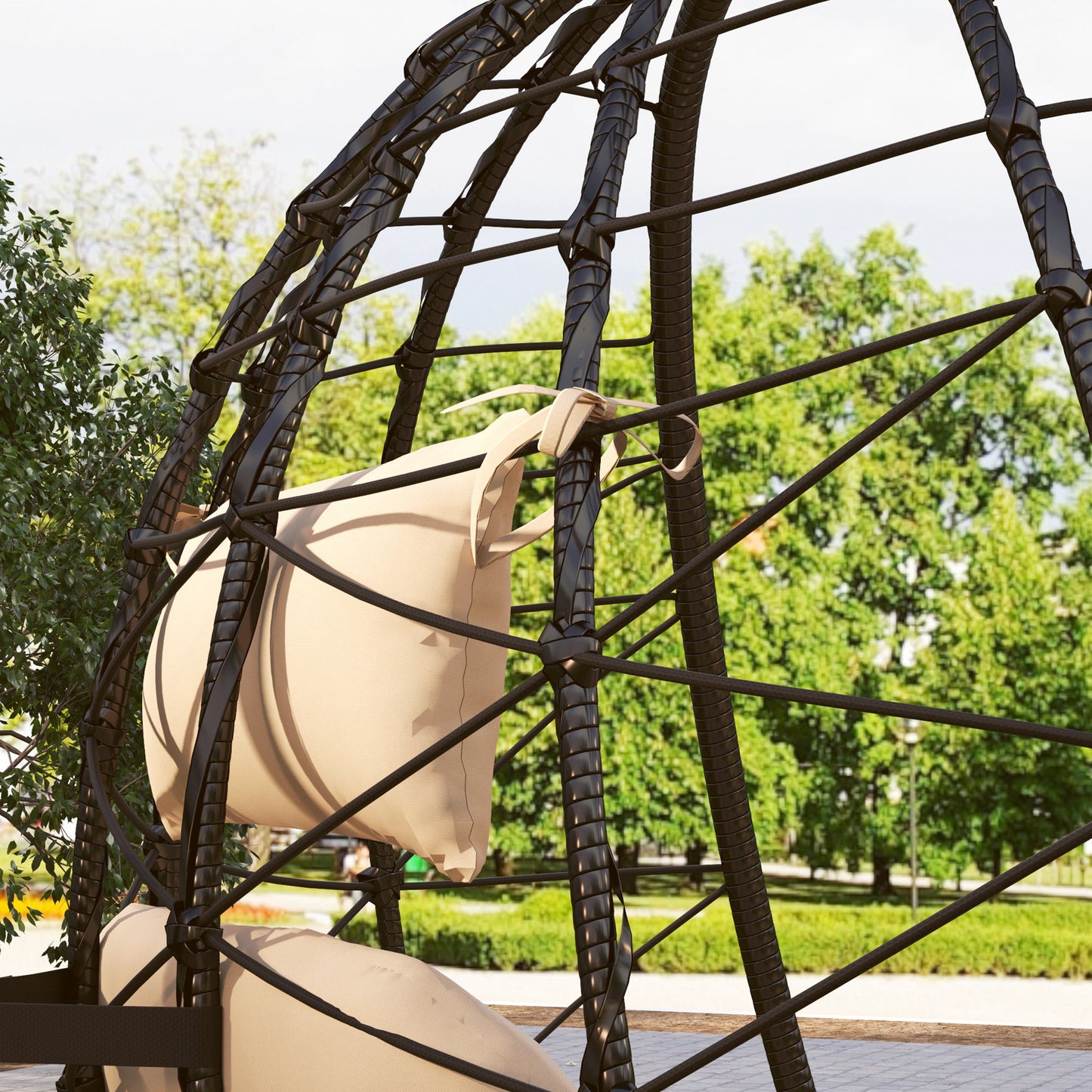 Outsunny Hanging Egg Chair Indoor/Outdoor Swing with Stand, Thick Cushion, Headrest, Khaki