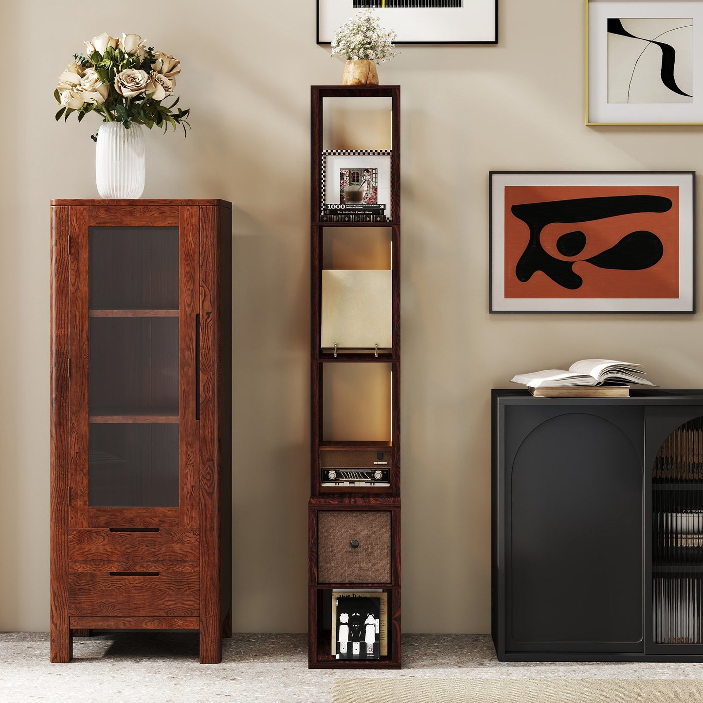 HOMCOM Floor Lamp with Shelves, LED Modern Standing Lamp with Fabric Drawer, Adjustable Brightness, Foot Switch, Dark Brown