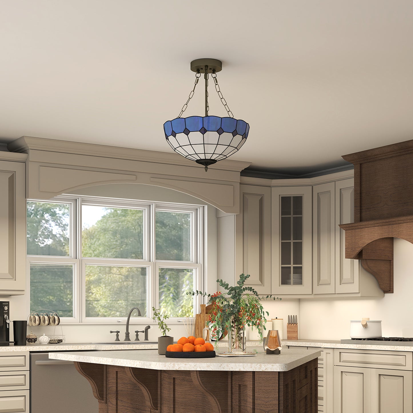 HOMCOM Tiffany Style Ceiling Light, Vintage Chandelier with 3 E27 Sockets, Semi Flush Mount for Living Room, Bulbs Not Included Blue