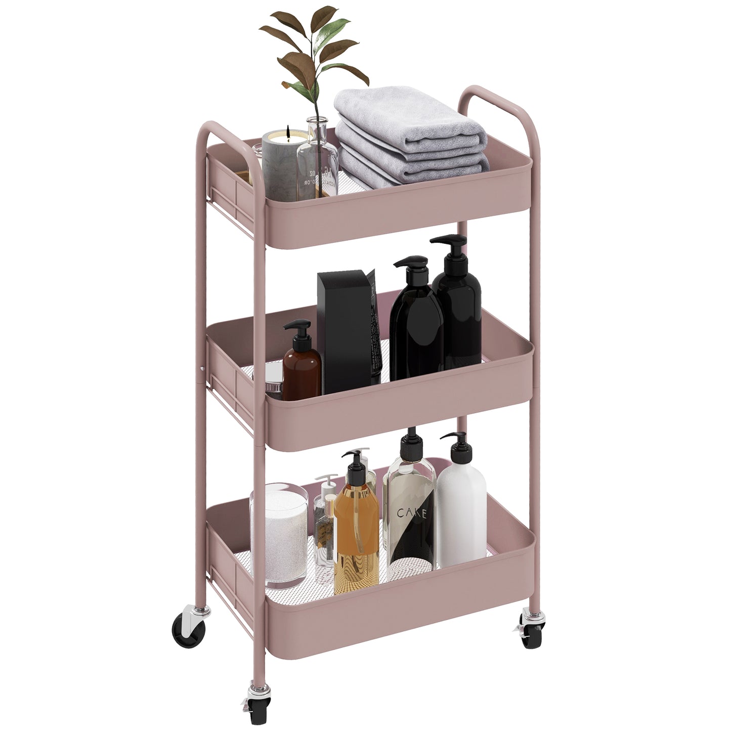 HOMCOM 3-tier Storage Trolley on Wheels, Metal Storage Cart, Rolling Ultility Cart with 3 Mesh Baskets for Living Room, Kitchen, Pink
