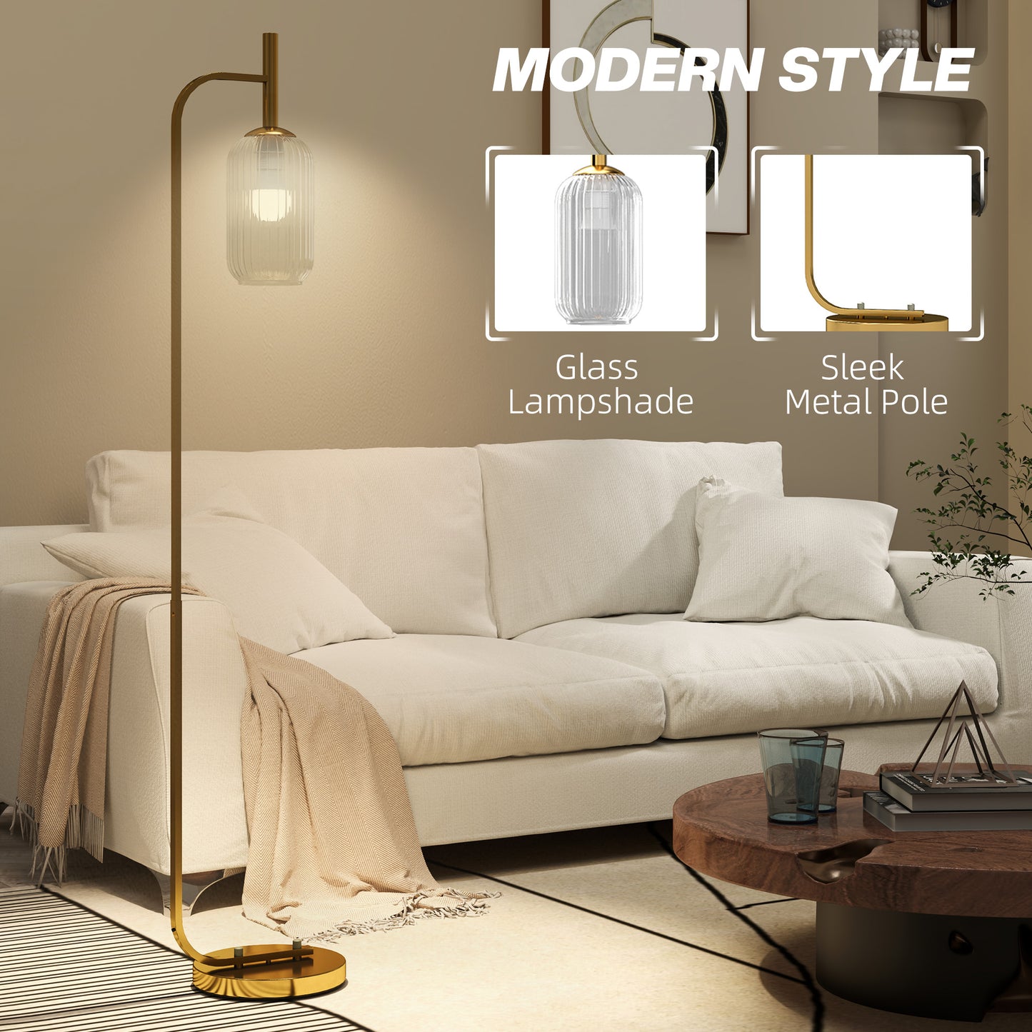 HOMCOM LED Floor Lamp with Glass Shade, Modern Standing Lamp with Foot Switch, Adjustable Brightness 2700K for Bedroom, Gold Tone