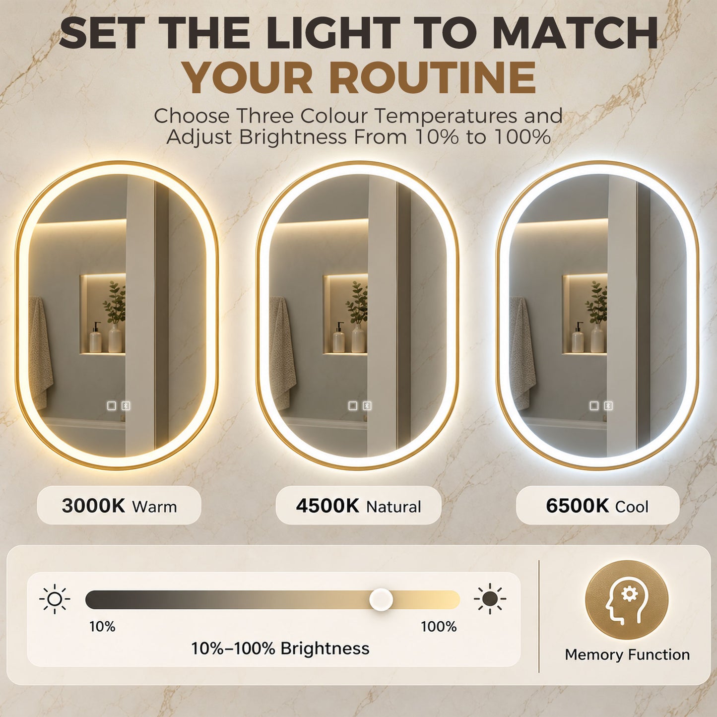 HOMCOM Bathroom Mirror with LED Lights, 100x70cm Oval Bathroom Mirror, Dimmable, Bluetooth, Anti-Fog, Gold Tone