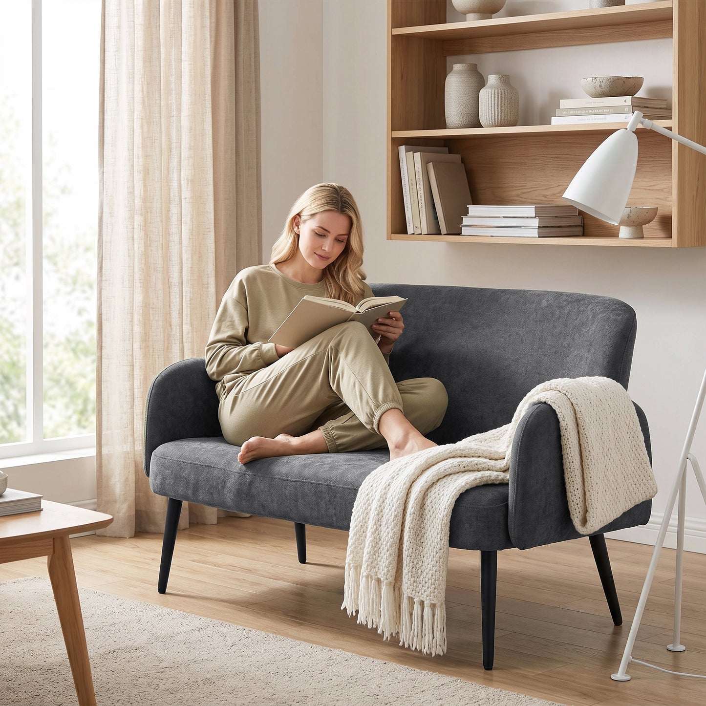 HOMCOM 132cm 2 Seater Sofa, Velvet Comfy Small Sofa Couch with Wide Seat, Thick Padding, Tapered Metal Legs, Dark Grey