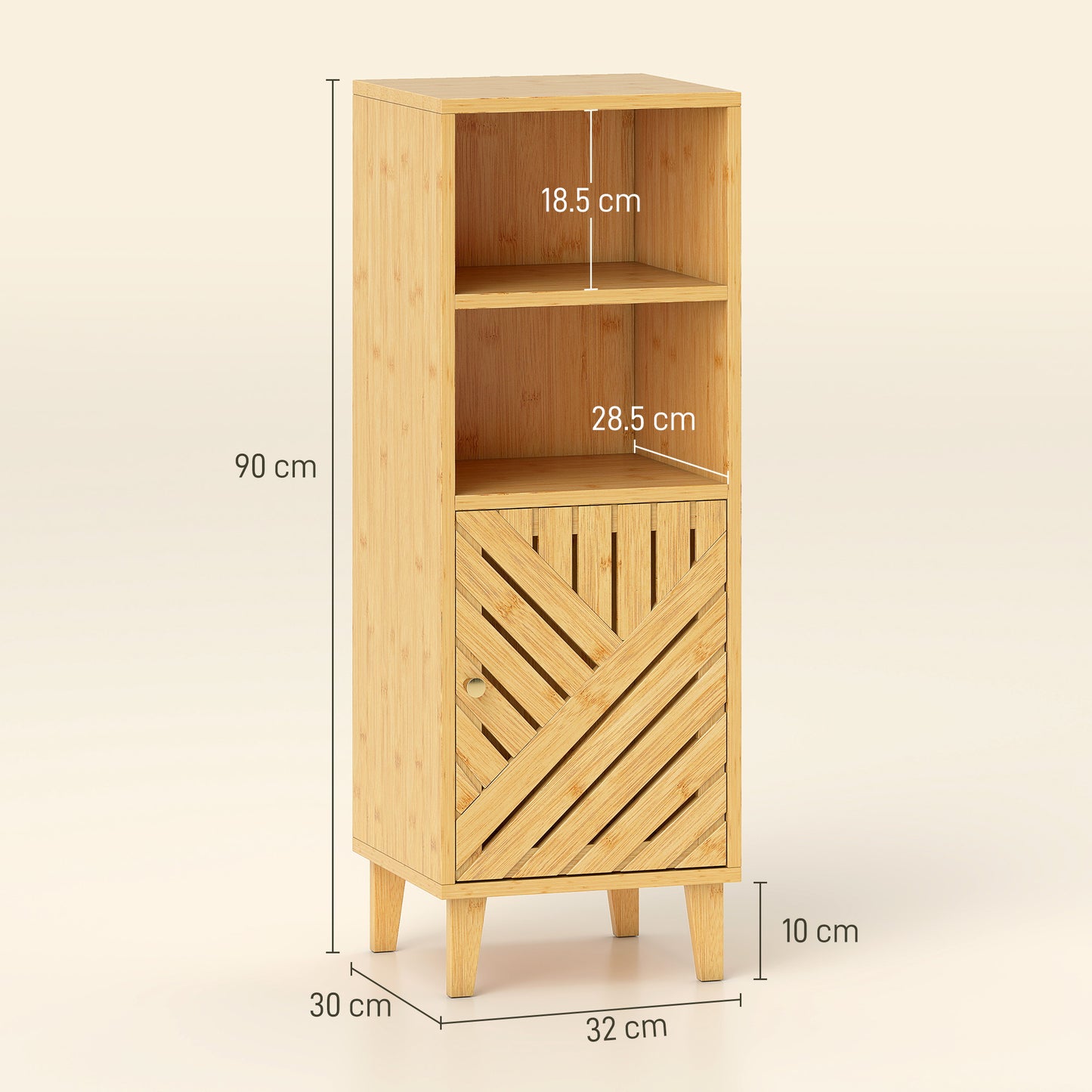 HOMCOM Slim Bathroom Cabinet, Narrow Freestanding Storage Cupboard with Bamboo Door and Legs, Open Compartments, Natural Wood Finish.