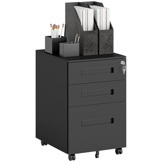 Vinsetto Metal Mobile File Cabinet, Lockable 3 Drawer for A4/Legal/Letter, Pre-Assembled Under Desk Storage, 39x48x60cm, Black