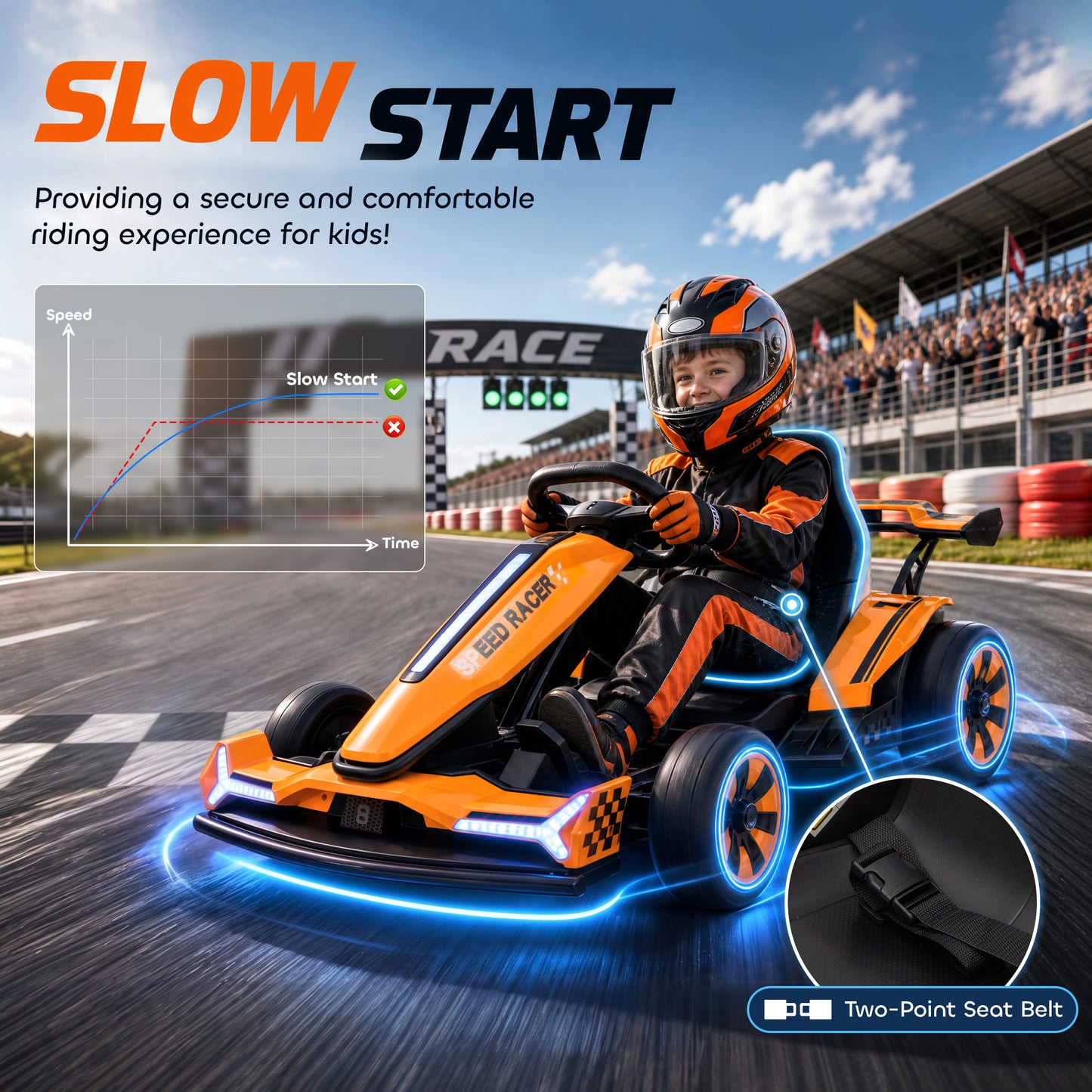 AIYAPLAY 24V Electric Go Kart for Kids 6-12 Years with Drift Mode, Adjustable Seat, 3 Speed, Slow Start, Orange