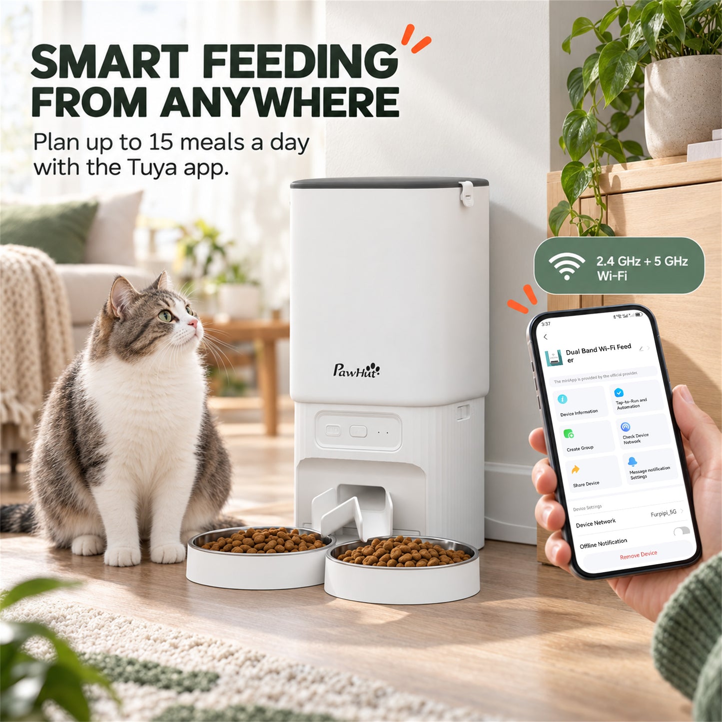 PawHut 7L Automatic Cat Feeder with App Control, 2.4G/5G WiFi, Timer, 15 Meals/Day, Dual Power, 10s Voice Recording, Anti-Clog