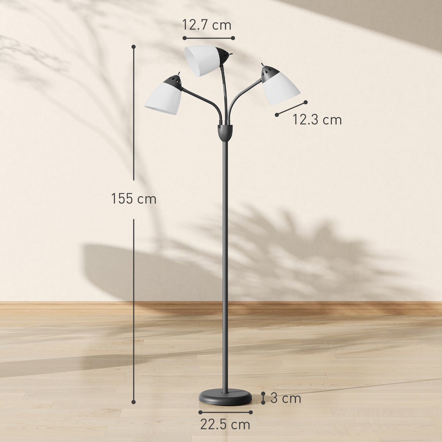 HOMCOM Arc Tree Floor Lamp, 3 Adjustable Lights, 3000K/4500K/6500K Temps, Industrial Steel Frame for Bedroom/Living Room, 155cm, Black