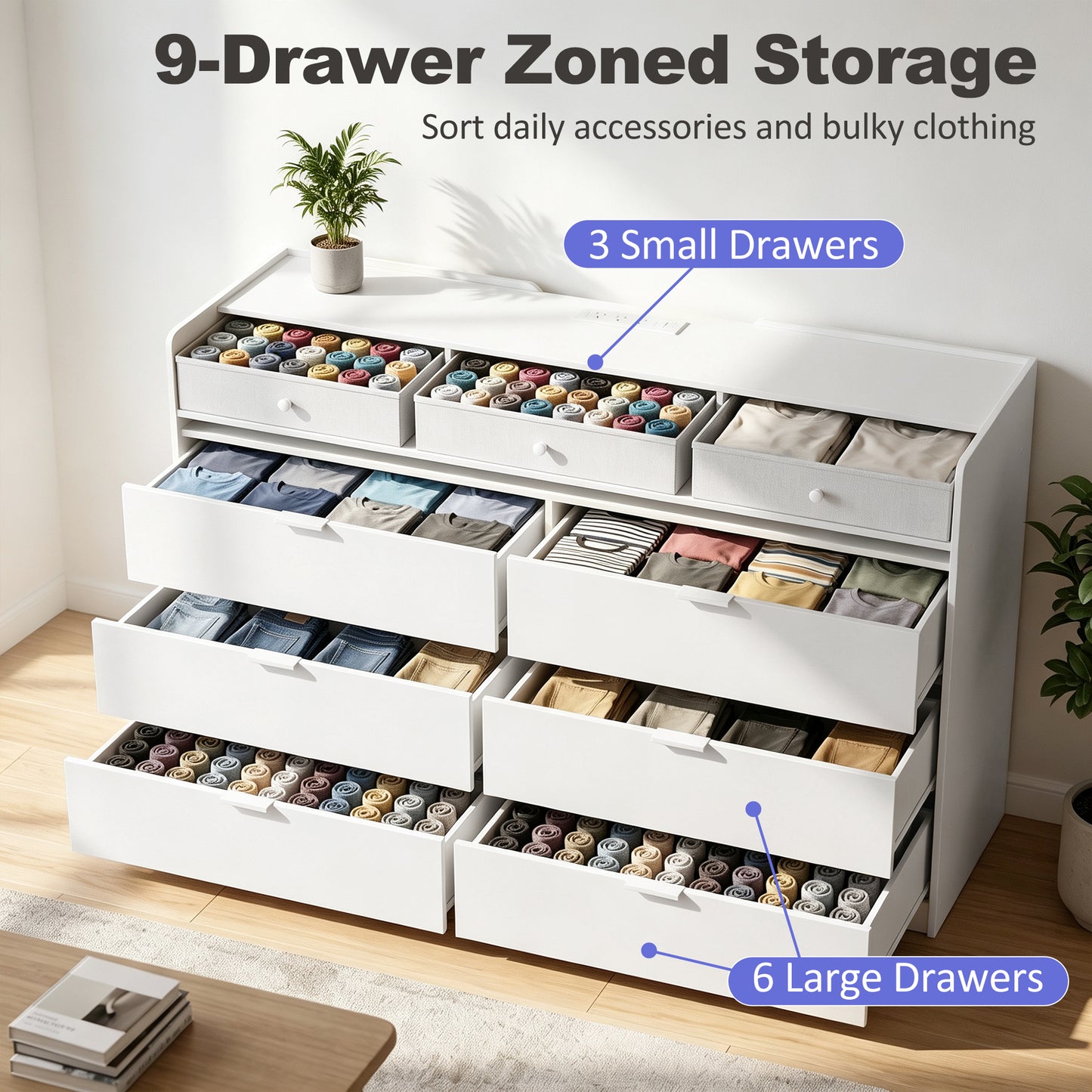 HOMCOM Chest of Drawers for Bedroom with LED Light & Charging Station, 9 Drawers Storage Unit/TV Stand, White