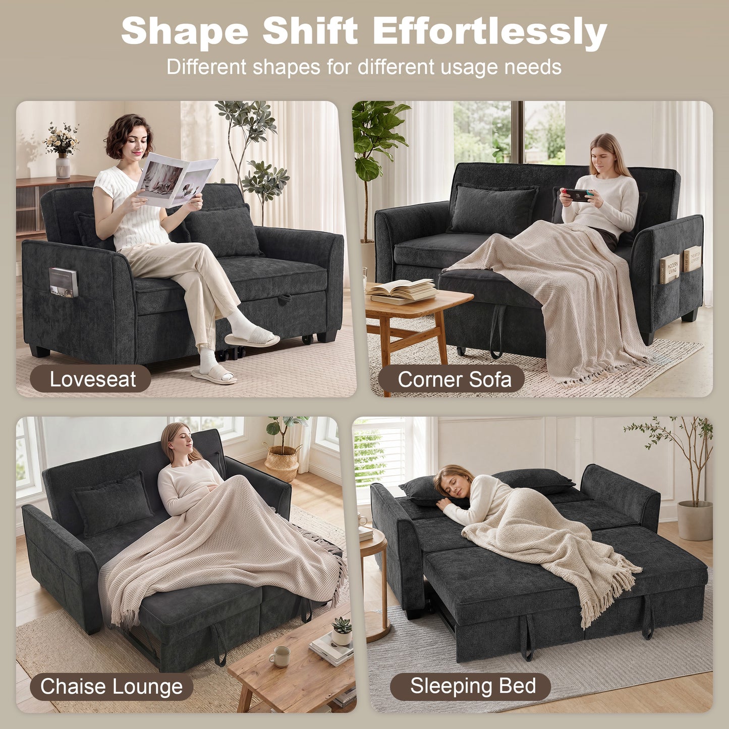 HOMCOM 2 Seater Sofa Bed, 4-in-1 L-Shaped Convertible Pull-Out Sleeper Sofa with Adjustable Backrest and Side Pockets, Black