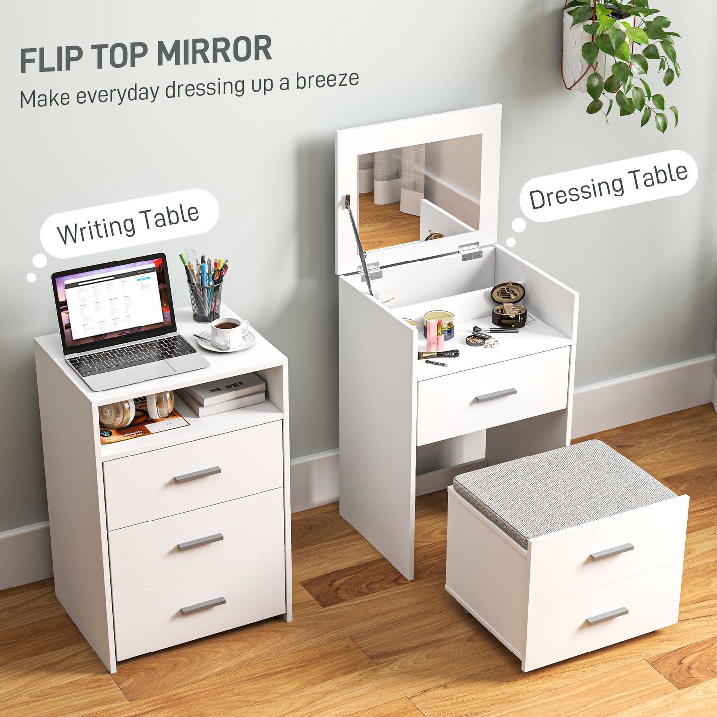 HOMCOM Vanity Desk with Mirror, Modern Dressing Table and Stool w/2 Drawers, Wheels, Flip-Up Mirror, Shelf, White