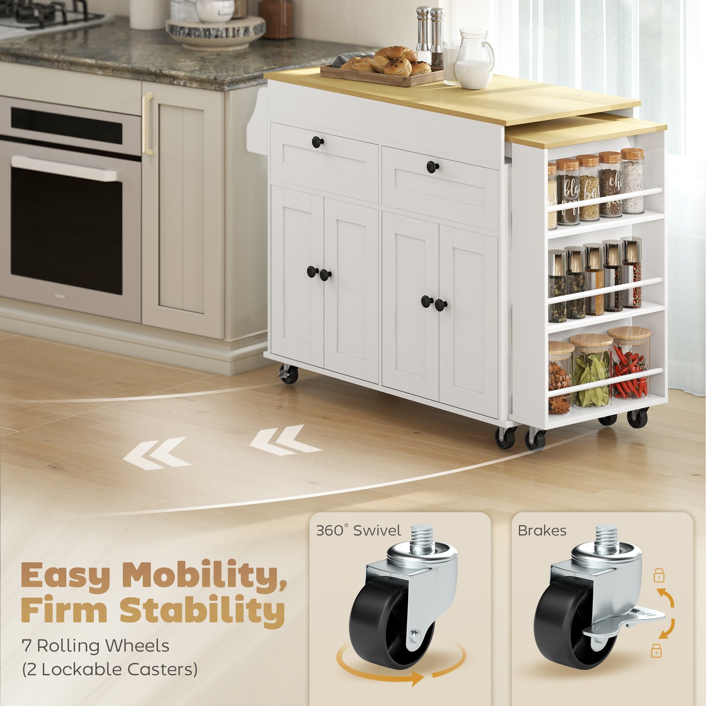 HOMCOM Rolling Kitchen with Expandable Top, Kitchen Island on Wheels with USB Ports & Power Outlets, Storage, White