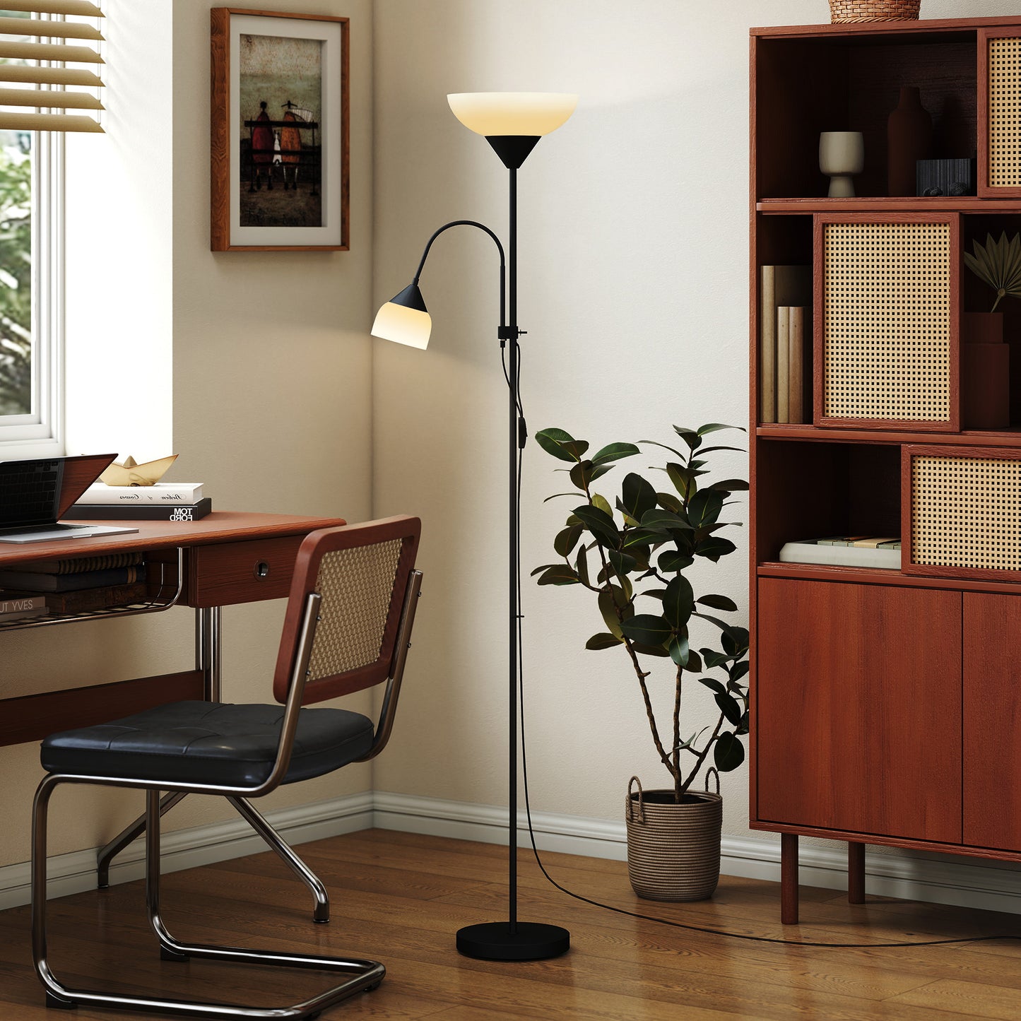 HOMCOM LED Floor Lamp, 180cm Tall Standing with Mother and Child Uplighter, Adjustable Gooseneck, 3 Colour Temps, Black