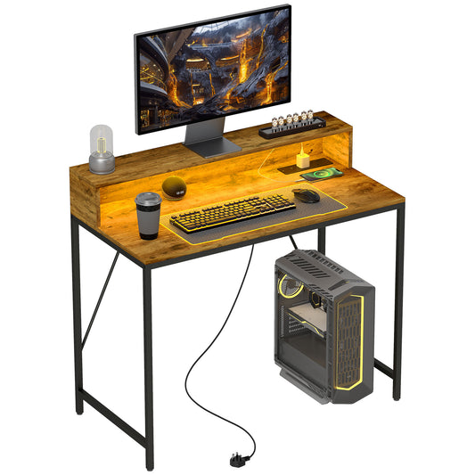 HOMCOM Gaming Desk with LED Lights, Monitor Stand, Power Outlets, Rustic Brown