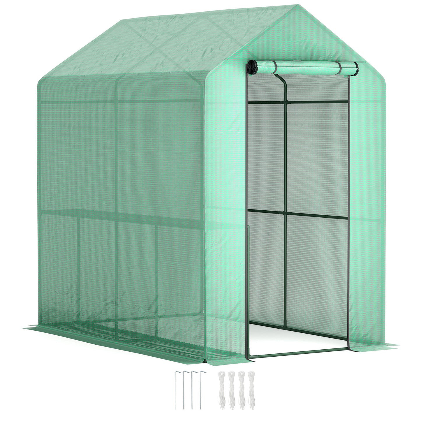 Outsunny Walk-in Greenhouse, 2 Tier 4 Shelves, Reinforced PE Cover, Roll-up Door, 120x186x190 cm, Green