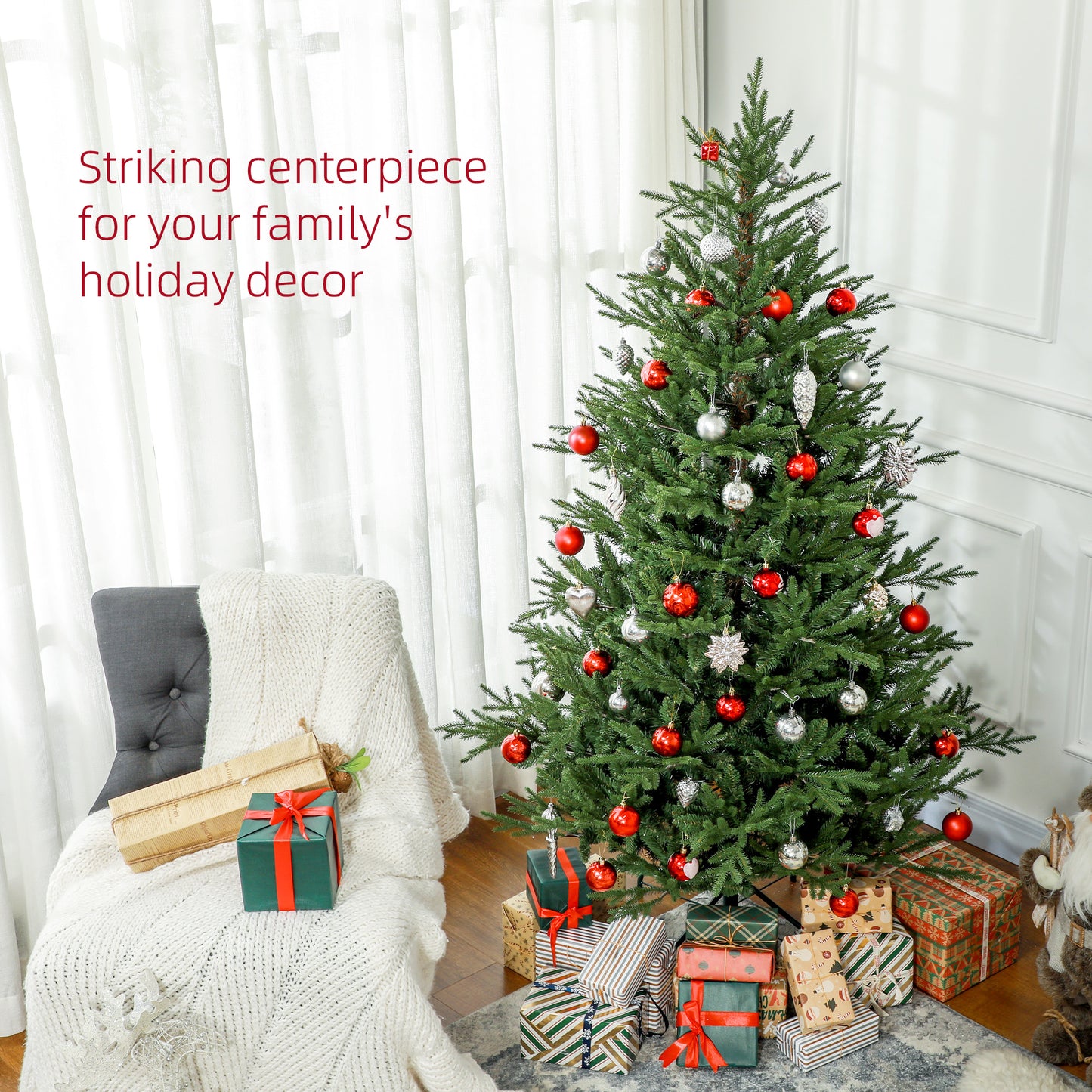 HOMCOM 6ft Artificial Christmas Tree with 2380 Tips, Metal Base, Realistic Hinged Xmas Tree, Easy to Assemble, Green