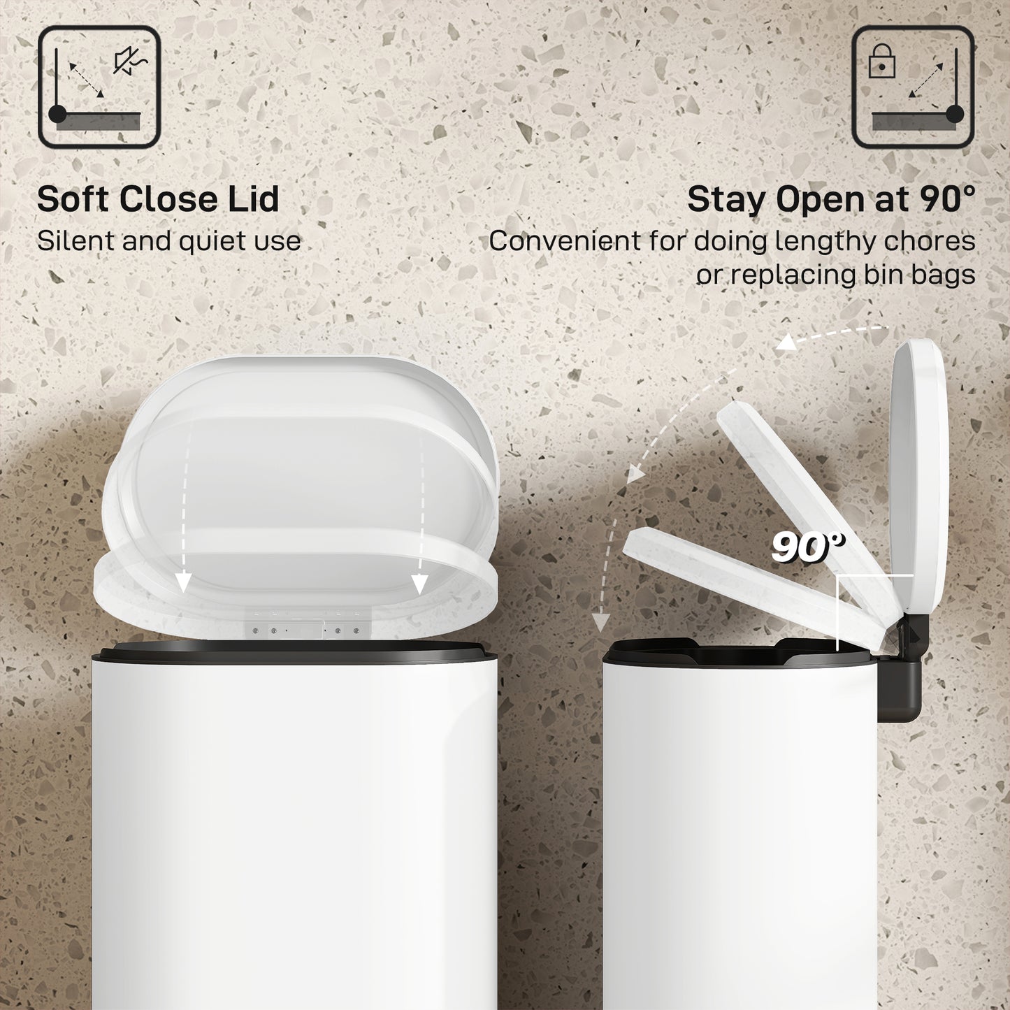 HOMCOM 30L Kitchen Bin, Slim Rectangular Pedal with 90° Stay-Open and Soft-Close Lid, Removable Inner Bucket, Fingerprint-Resistant, Cream.