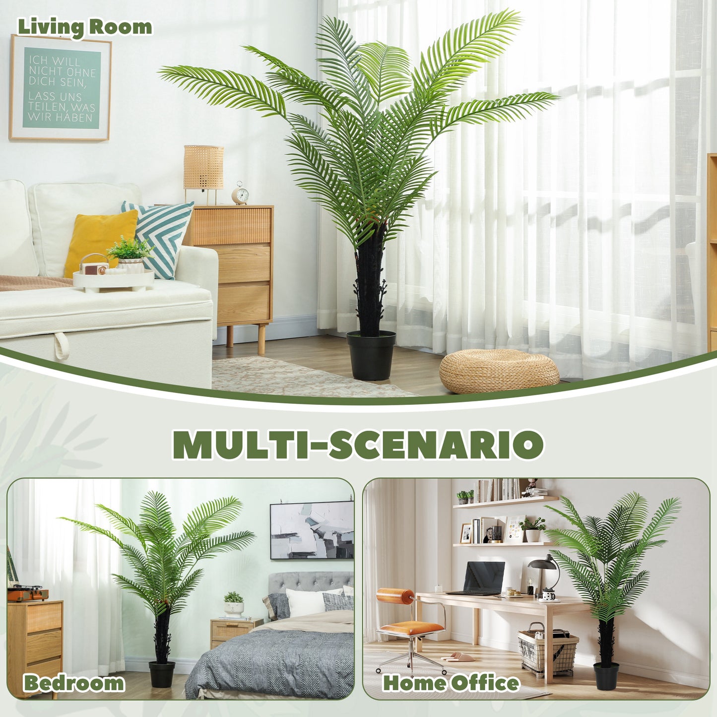HOMCOM Artificial Areca Palm Tree, 175cm with 16 PE Leaves, Decorative Fake Plant in Plastic Pot with Flocked Soil for Home Office Decor, Green