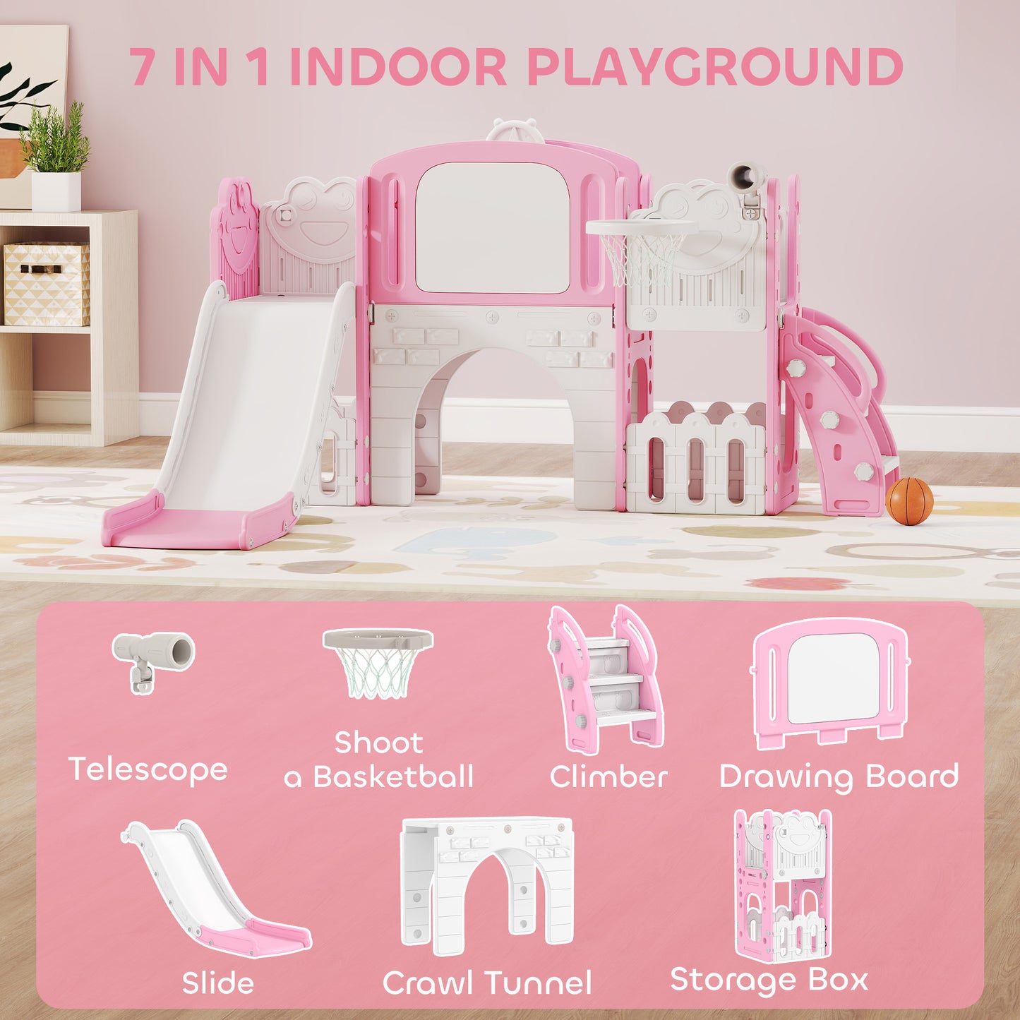 AIYAPLAY 7 in 1 Toddler Slide Set with Basketball Hoop, Climbing Frame, Telescope, Drawing Board, Storage Box, Pink