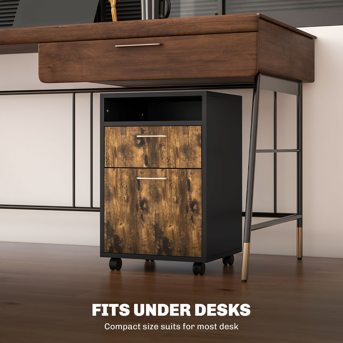 HOMCOM 60cm Storage Cabinet with Drawer, Open Shelf, Metal Handles and 4 Wheels, Office Home Organiser Mobile Printer, Rustic Brown