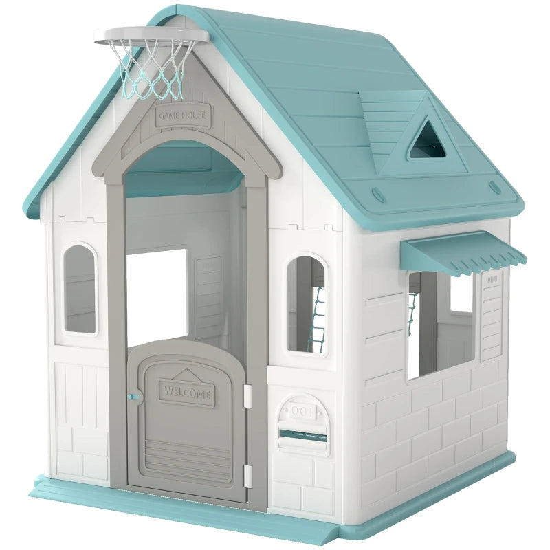 AIYAPLAY 5-in-1 Playhouse for Kids Outdoor Indoor with Basketball Hoop, Football Goal, Dartboard, Ring Toss for 2-5 Years