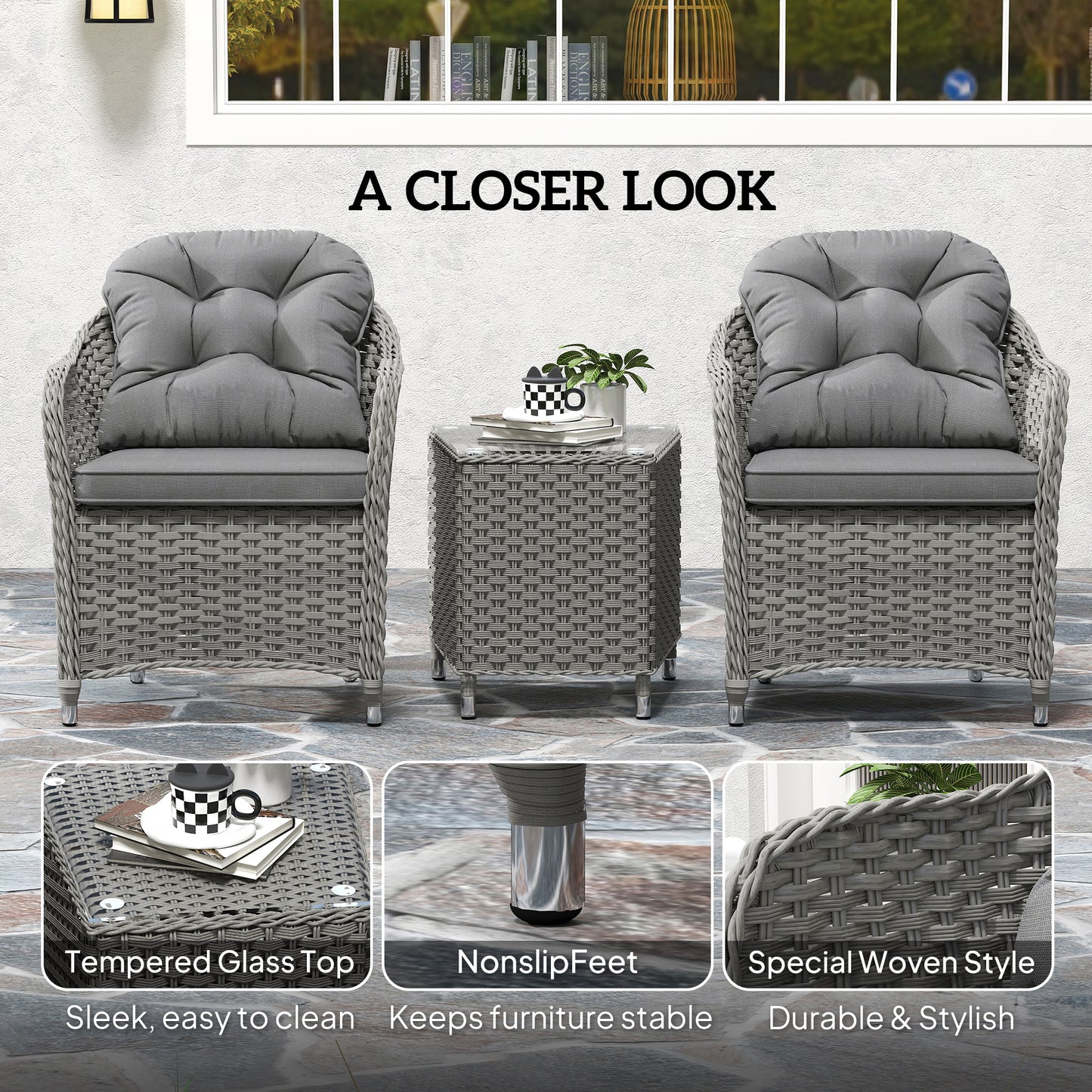 Outsunny 3-Piece Rattan Bistro Set, Glass Top Table & Cushioned Chairs for Patio, Balcony, Garden, Light Grey