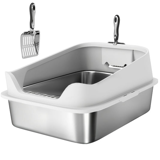 PawHut XL Stainless Steel Cat Litter Box with High Sides, Metal Scoop, 60 x 40 x 30 cm