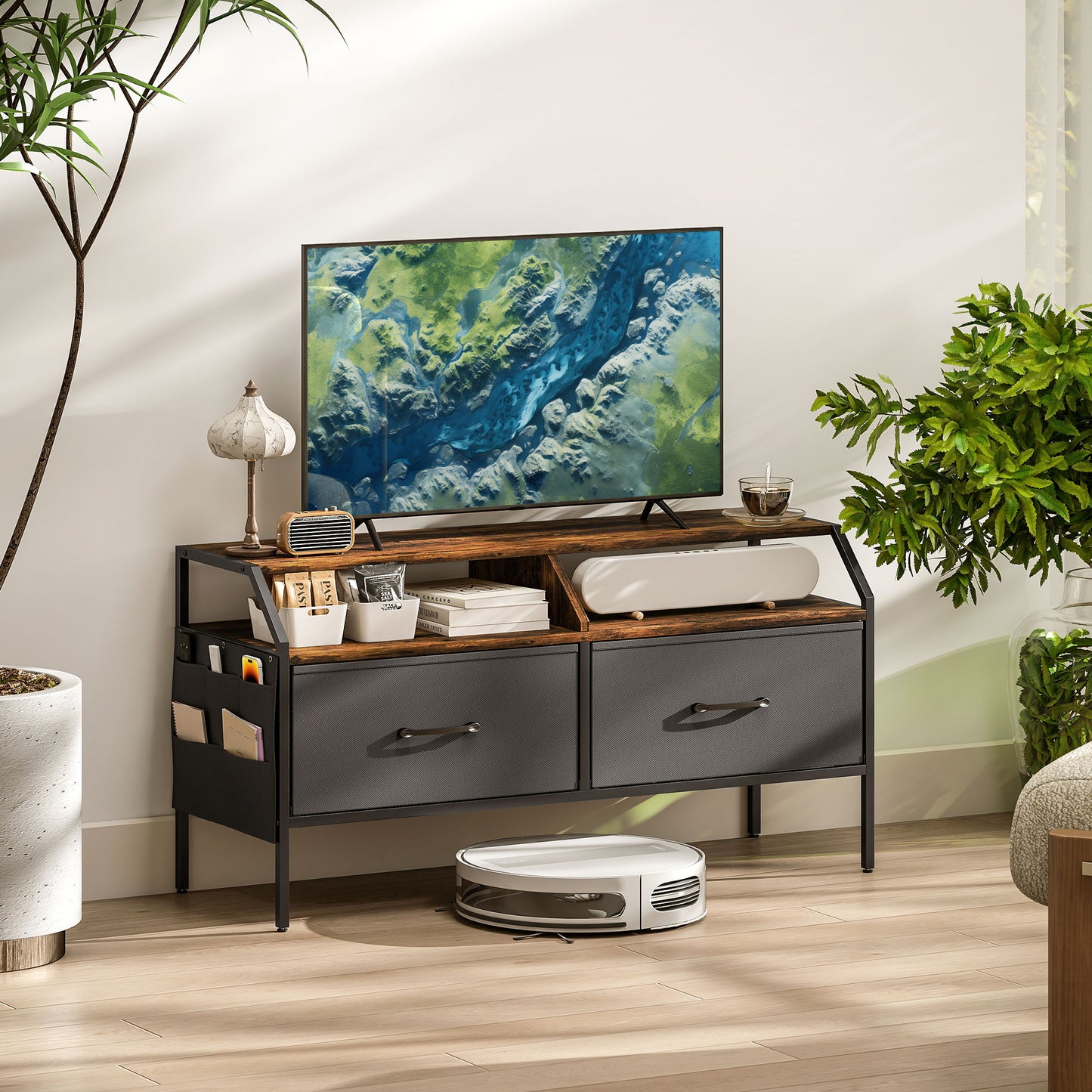HOMCOM TV Stand Cabinet for 55-inch TVs, 2 Foldable Fabric Drawers, 5 Side Pockets, Open Shelves, Console Table, Rustic Brown