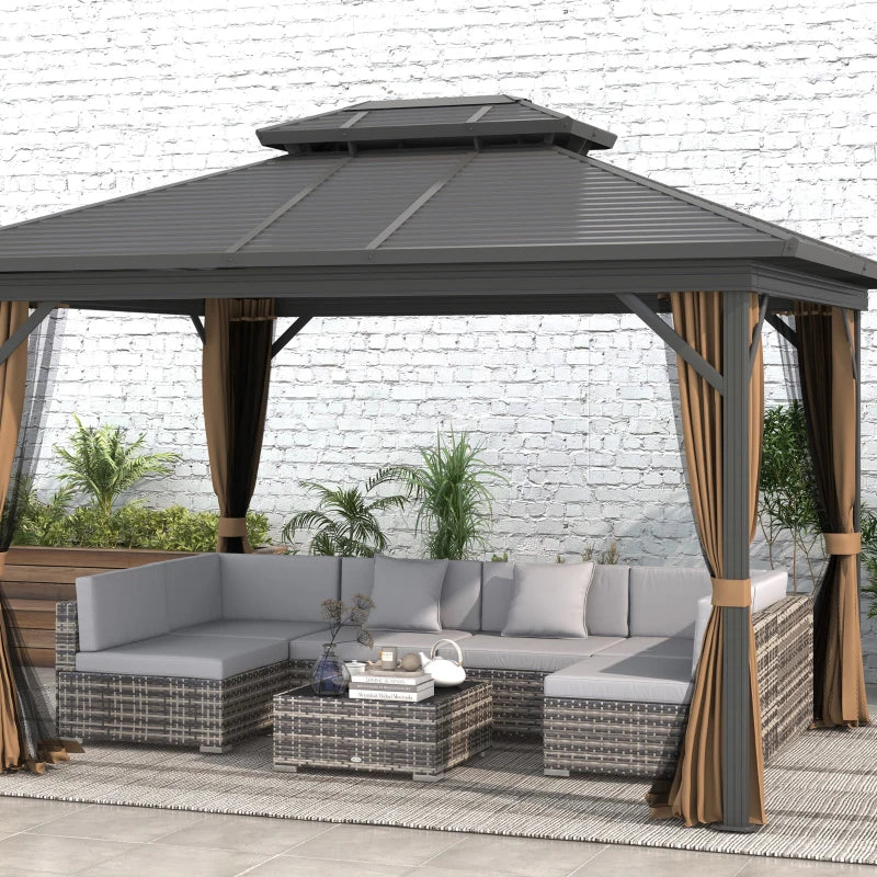 Outsunny 7 Pieces PE Rattan Garden Furniture Set with Thick Padded Cushion, Patio Garden Corner Sofa Sets with Glass Coffee Table and Pillows, Buckle Structure, Grey