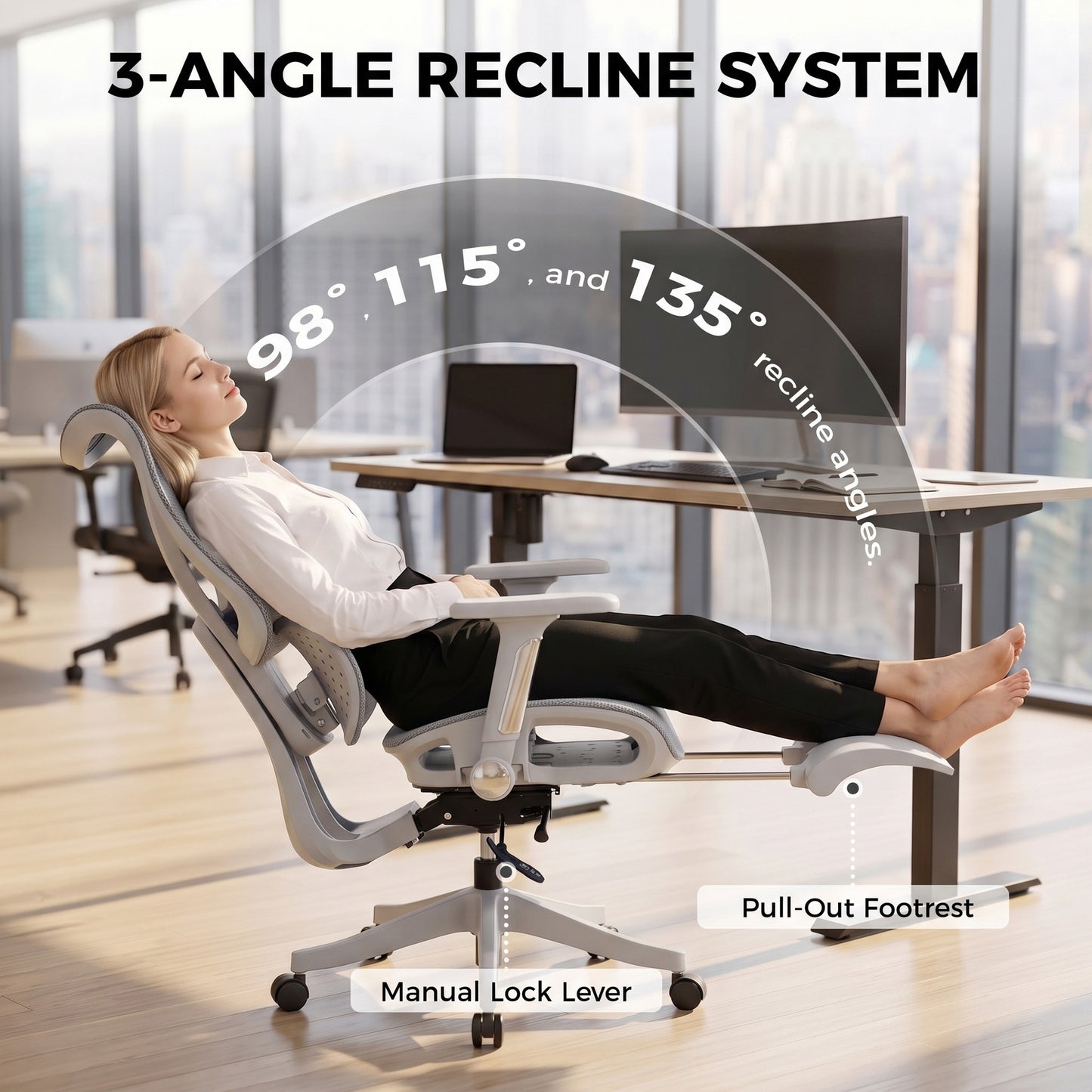 HOMCOM Ergonomic Office Chair with Lumbar Support, Mesh Reclining Desk Chair with Footrest, Adjustable High Back, Grey
