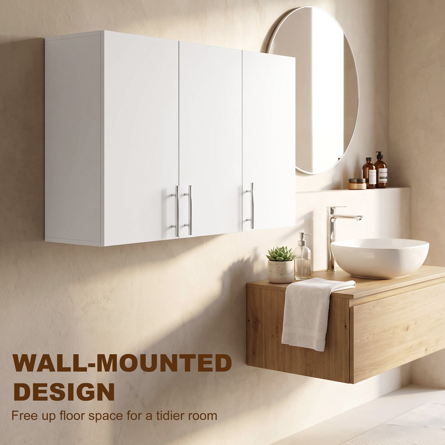 HOMCOM Bathroom Wall Cabinet, Wall-Mounted Bathroom Storage Cabinet with 3 Doors, Adjustable Shelf for Kitchen, White