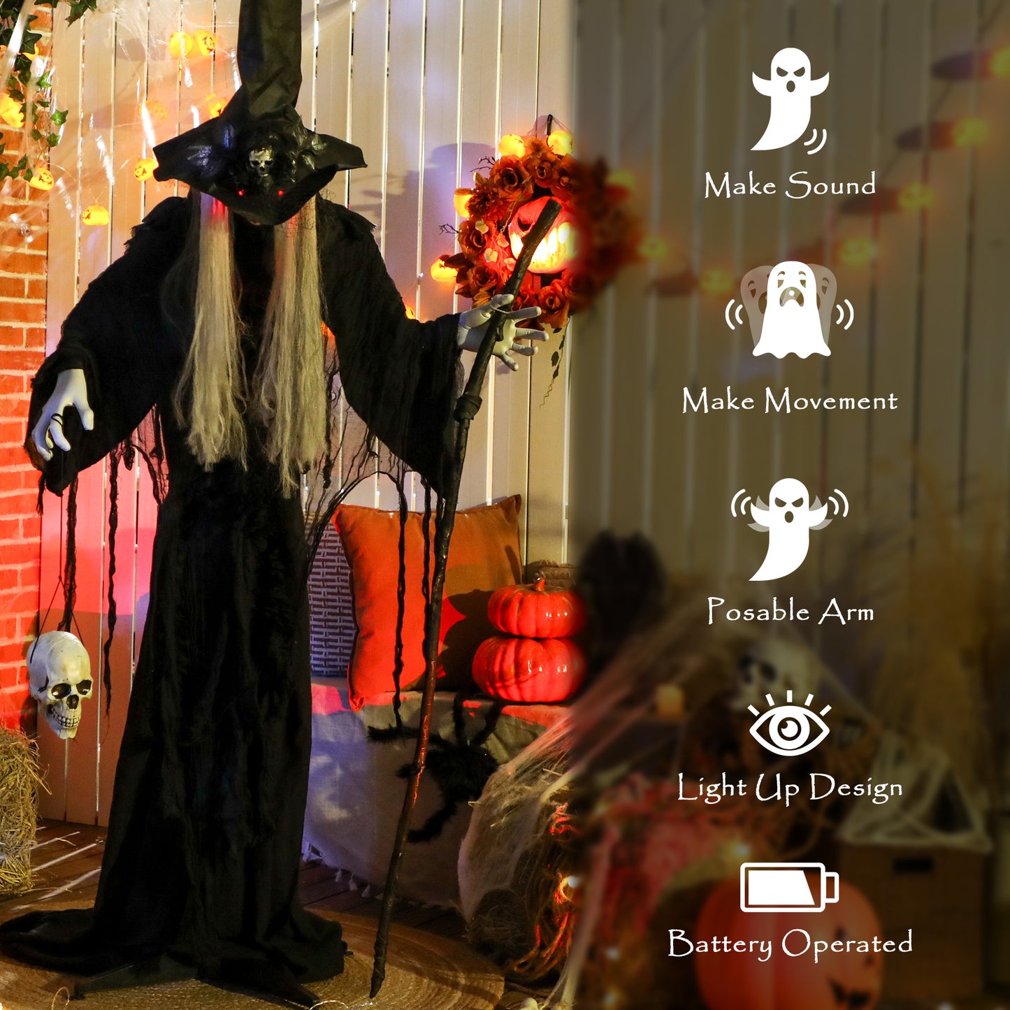 Outsunny 170cm Halloween Animated Witch & Staff, LED Eyes, Spooky Battery Operated Decoration, Indoor Party Prop, Life Size, Black
